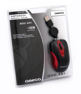 MOUSE OMEGA MINI OM-261 BLACK + RED RETRACTABLE CABLE USB - 2824918499