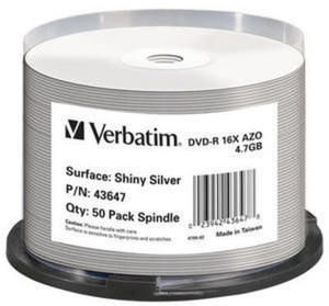 VERBATIM DVD-R 4,7GB 16X THERMAL PRINT. SHINY SILVER CAKE*50 43647