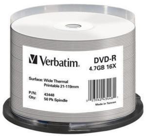 VERBATIM DVD-R 4,7GB 16X WIDE THERMAL PRINTABLE CAKE*50 43448