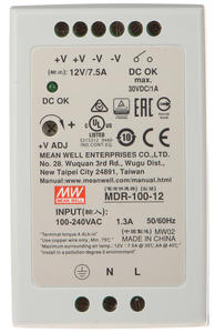 ZASILACZ 12 V DC 7.5 A 90 W ZASILACZ 12V NA SZYN DIN MEAN WELL MDR-100-12 - 2871451362