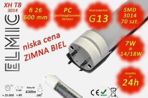 wietlwka liniowa LED SMD 70 szt. XHT8-3014 fi 26x600 7W 230V 180st. 6500K Zimna Biel ELMIC mleczna - 2827854412