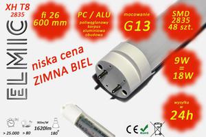 wietlwka liniowa LED SMD 48 szt. XH T8-2835 fi 26x600 9W 230V 180st. 6500K Zimna Biel ELMIC - 2827854414