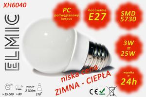 arwka LED SMD XH 6040 3W 230V E27 270st. 6500K Zimna Biel ELMIC KULKA mleczna - 2827854312