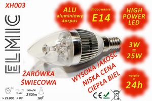 arwka wiecowa LED POWER XH 003 3W 230V E14 3000K Ciepa Biel ELMIC WIECA przeroczysta - 2827854356