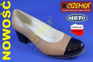 Risto Pbuty Czenka Damskie na obcasie 1502 piasek+czarny lakier - 2842028546