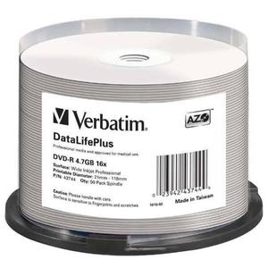 Verbatim DVD-R, 43744, DataLife PLUS, 50-pack, 4.7GB, 16X, 12cm, General, Wide Printable Surface Non-ID, cake box, Printable, do a - 2878611512
