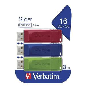 Verbatim USB flash disk, USB 2.0, 16GB, Slider, zielony, niebieski, czerwony, 49326, USB A, z wysuwanym zczem. 3 szt - 2878057472