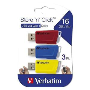 Verbatim USB flash disk, USB 3.0 (3.2 Gen 1), 16GB, Store N Click, mix kolorw, 49306, USB A, z wysuwanym zczem. 3 szt - 2878611563