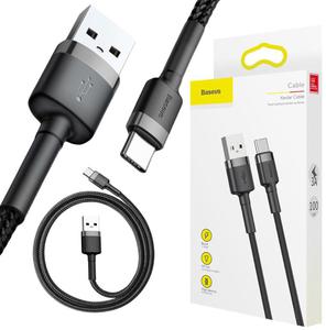 KABEL USB-A -> USB-C Baseus Cafule CATKLF-BG1 100cm 3A QC 3.0 CZARNO-SZARY W NYLONOWYM OPLOCIE - 2878280167