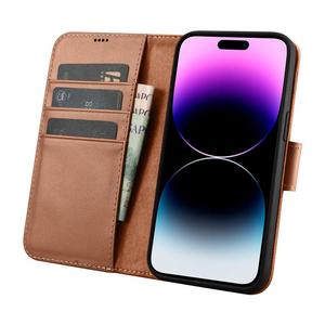 2w1 etui skrzany pokrowiec z klapk iPhone 14 Pro Anti-RFID Wallet Case brzowy - 2876950394