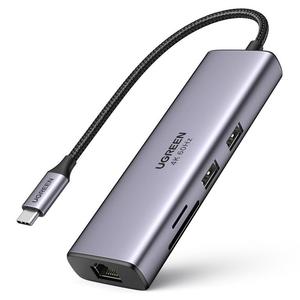 Emaga 7w1 wielofunkcyjny HUB USB-C - 2x USB HDMI 4K czytnik kart SD i TF USB-C RJ45 1Gbps szary - 2877425540