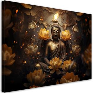 Emaga Obraz na ptnie, Zoty Budda i kwiaty lotosu - 90x60 - 2875447448