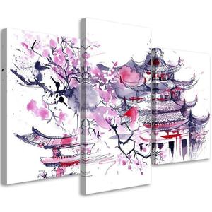 Emaga Obraz tryptyk na ptnie, Malowana japoska pagoda i kwiat wini - 120x80 - 2875451177