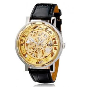 Zegarek szkieletowy mechaniczny grawerowany unisex z paskiem (kolor zoty) - 2824377876