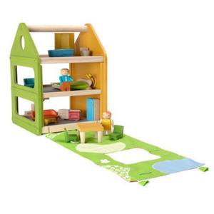 Drewniany domek dla lalek z mat do zabawy Plan Toys - trzypitrowy domek + laleczki + mebelki - 2833395255