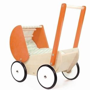 Wózek drewniany dla lalki - głęboki wózek z daszkiem, pościel dla lalki, Bajo - 2833395503