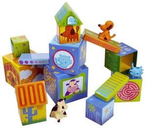 Klocki dla dzieci domki ze zwierztkami - kartonowe klocki piramida Caubanimo, Djeco