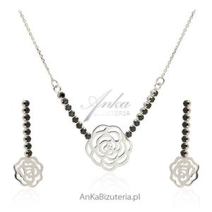 Komplet biżuterii srebrnej z czarnymi cyrkoniamii - różyczki - 2835352490