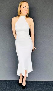 Sukienka elegancka midi asymetryczna z falban biaa ecru na chrzciny komuni - 2861531351