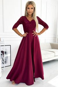 AMBER Sukienka suknia maxi duga z koronk i rozciciem bordowa - 2868700384