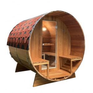 Sauna zewntrzna ogrodowa 4 osobowa sucha Fiska w ksztacie beczki wierk termiczny z siedziskami zewntrznymi BERGEN K10180 Sanotechnik - 2875640479