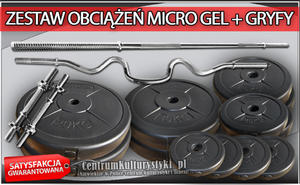 Zestaw obcienie MICRO GEL + gryfy - 98kg (2x20kg + 2x10kg + 2x5kg + 2x2.5kg + 4x1.25 kg + gryf...