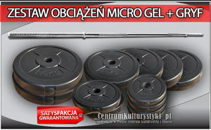 Zestaw obcienie MICRO GEL + gryf - 58kg (2x10kg + 4x5kg + 2x2,5kg + 4x1,25kg + gryf prosty 182cm) - 2823552509