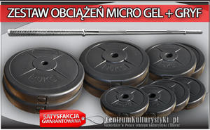 Zestaw obcienie MICRO GEL + gryfy - 94kg (2x20kg + 2x10kg + 2x5kg + 4x2.5kg + gryf amany podwjnie + gryf prosty 182cm) - 2823552515