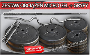 Zestaw obcienie MICRO GEL + gryfy - 108kg (2x20kg + 2x10kg + 4x5kg + 4x2,5kg + gryf amany podwjnie + gryf prosty 182cm + 2x gryfik 36cm) - 2823552516