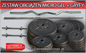 Zestaw obcienie MICRO GEL + gryfy - 93kg (4x10 kg + 4x5 kg + 4x2.5 kg + 4x1.25 kg + gryf amany pojedynczo + gryf prosty 182cm + 2x gryfik 36cm) - 2823552517