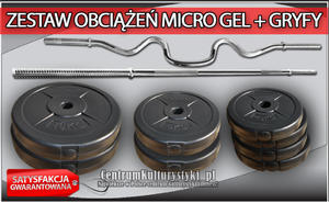 Zestaw obcienie MICRO GEL + gryfy - 56kg (2x10kg + 2x5kg + 4x2.5kg + gryf amany podwjnie + gryf prosty 182cm) - 2823552628