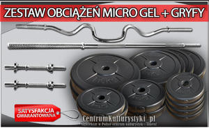 Zestaw obcienie MICRO GEL + gryfy - 75kg (2x10 kg + 4x5 kg + 4x2.5 kg + 4x1.25 kg + gryf amany podwjnie + gryf prosty 182cm + 2x gryfik 36cm) - 2823552630