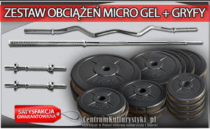 Zestaw obcienie MICRO GEL + gryfy - 75kg (2x10 kg + 4x5 kg + 4x2.5 kg + 4x1.25 kg + gryf amany pojedynczo + gryf prosty 182cm + 2x gryfik 36cm) - 2823552631