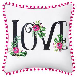 Poszewka dekoracyjna LOVE 45x45 biaa rowa napis z pomponami - 2878609583