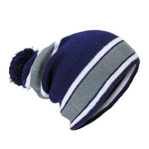 Czapka beanie w paski z pomponem niebiesko-szara - 2829283856