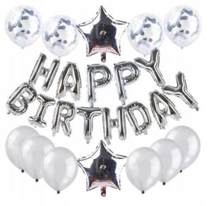 urodziny HAPPY BIRTHDAY srebrne balony konfetti - 2862397792