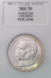 50 000 zł, Józef Piłsudski, rok 1988, grading MS 70 - 2848445469