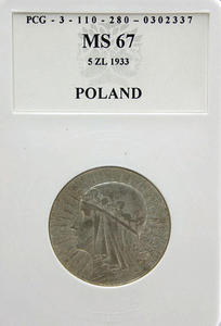 5 złotych, głowa kobiety, 1933, MS67 - 2848445911