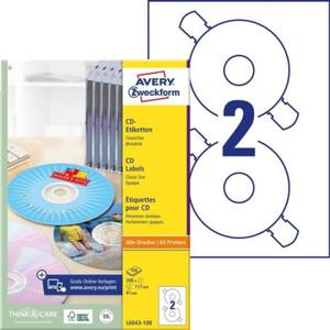 Etykiety na pyty CD/DVD Avery Zweckform biae matowe ClassicSize 117 mm, 2 etykiety/A4 200 szt. /L6043-100/ - 2850452528