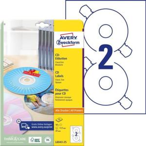 Etykiety na pyty CD Avery Zweckform; A4, 25 ark./op., o117 mm, biae /L6043-25/ - 2850452529