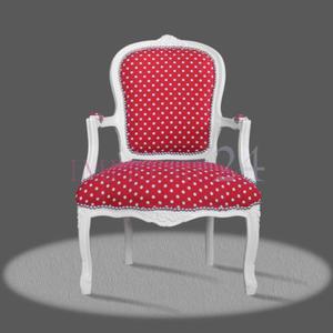 Barokowy, dekoracyjny fotel z serii Luisa, obicie tkanina czerwona w biae kropki, biaa rama.