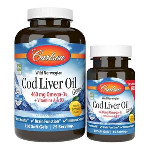 CARLSON LABS Cod Liver Oil Gems 460 mg Omega-3s (Olej z Wtroby Dzikiego Dorsza Norweskiego) 150+30 kapsuek elowych - 2876364342