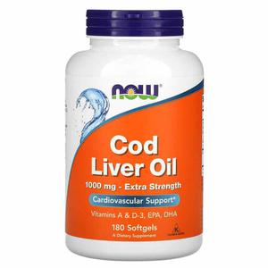 NOW FOODS Cod Liver Oil Extra Strength 1000mg (EPA DHA, Witamina A, D3) 180 Kapsuek elowych - 2876364962