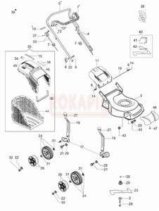 Czci korpusu - n, piasta noa, kosz na traw, linka hamulca, linka gazu , ruba, koo, uchwyt, dwignia, podkadka - kosiarki spalinowej Oleo- Mac G 48 PBQ COMFORT PLUS (PRODUKCJA 2018rok)- schemat - 2862456165