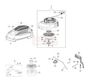 Rozrusznik, cewka, koo magnesowe, wentylator, zabieraki, pokrywa, koo linowe, zabieraki- kosiarki spalinowej Oleo- Mac G 44 PK ESSENTIAL (silnik K600- AUTOCHOKE)- schemat - 2862456219