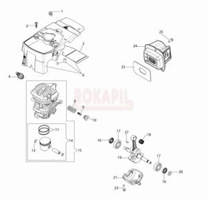 silnik czci -cylinder, tok, piercienie, korbowd, tumik, oyska, uszczelniacze- pilarki Oleo-Mac GSH 400- schemat - 2862456334