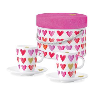 FILIANKI PORCELANOWE DO ESPRESSO ZE SPODKAMI Aquarell Hearts - Akwarelowe Serca - ze zoceniami