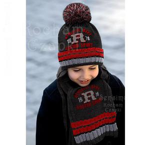 Zimowy komplet chopicy czapka z szalikiem rozm. 46-50 cm - grafit czerwony - 2843313663