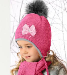 Czapka + Szalik z futrzanymi pomponami komplet Sweet Winter rozm. 46-49 cm - soczysty ró