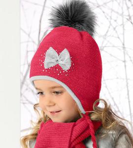 Czapka + Szalik z futrzanymi pomponami komplet Sweet Winter rozm. 46-49 cm - malinowy - 2858632815